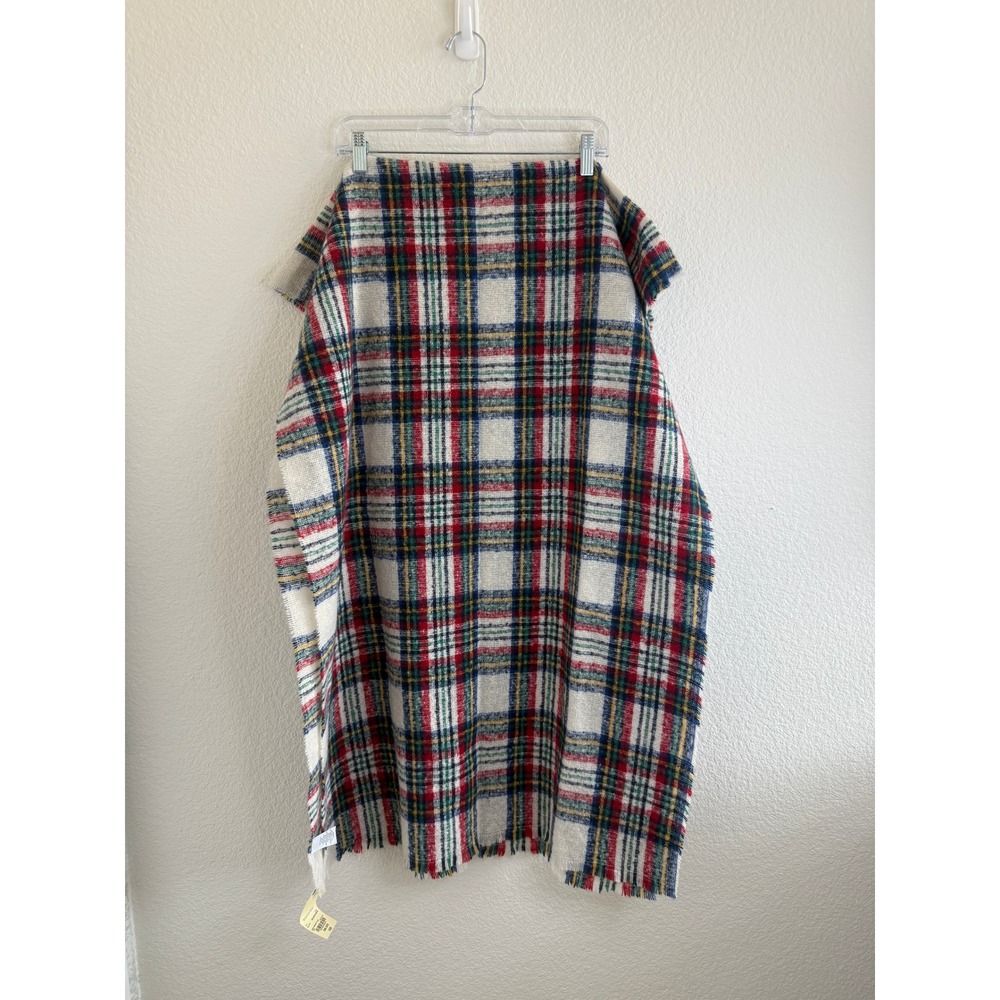St Johns Bay Ivory Stewart Plaid Blanket Scarf Multi Color Frayed Fringe NWT